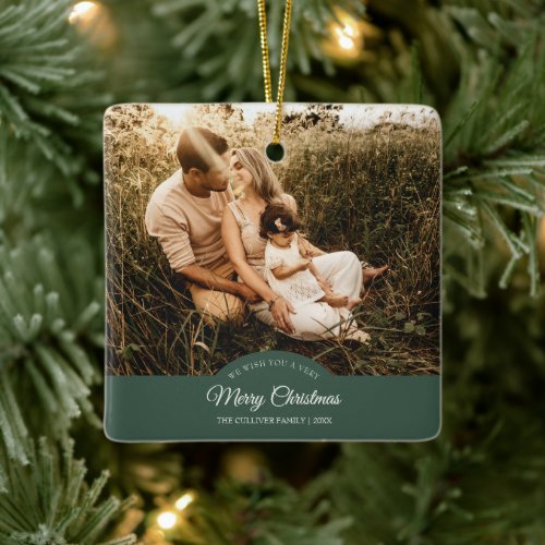 Green Very Merry Christmas Family Photo Ceramic Ornament