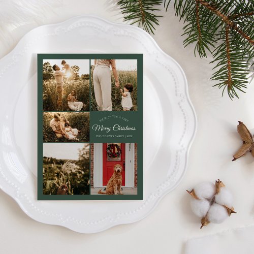 Green Very Merry Christmas Five Photo Collage Holiday Card