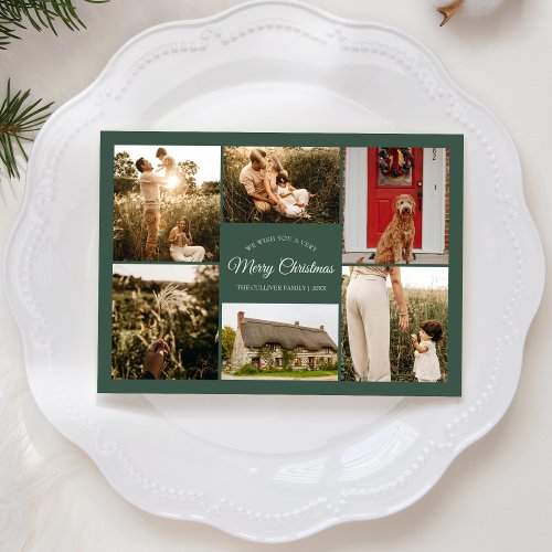 Green Very Merry Christmas Six Photo Collage Holiday Card