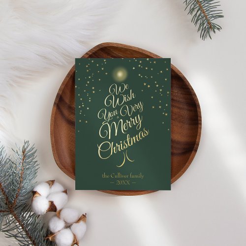 Green Very Merry Christmas Tree Family Letter Foil Holiday Card