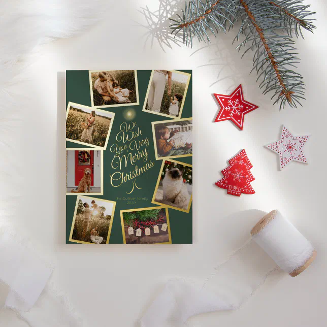 Green Very Merry Christmas Tree Photo Collage Foil Holiday Card Zazzle