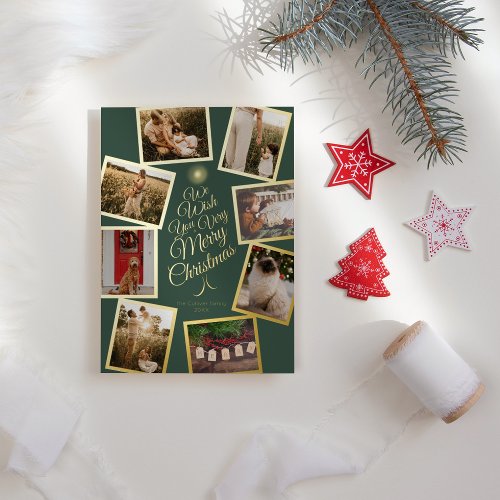 Green Very Merry Christmas Tree Photo Collage Foil Holiday Card