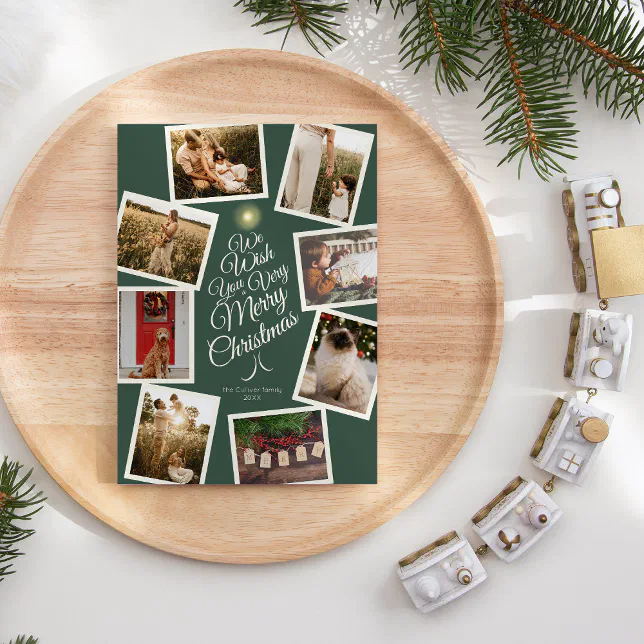 Green Very Merry Christmas Tree Photo Collage Holiday Card Zazzle