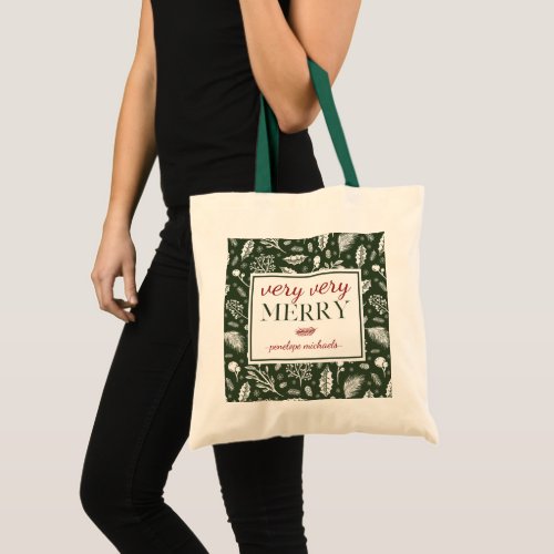 Green Very Merry with Botanical and Name Christmas Tote Bag