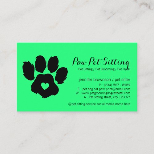 Green veterinary logo cat dog paw business card