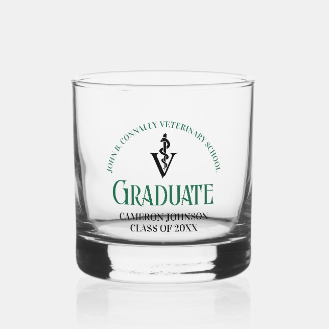 Green Veterinary School Graduation Custom Whiskey Glass (Front)