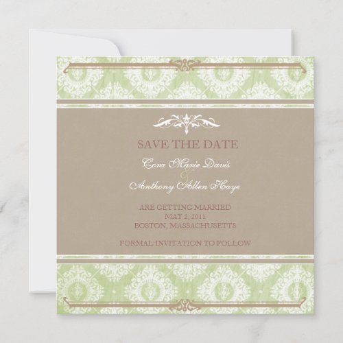 Green victoria damask save the date card