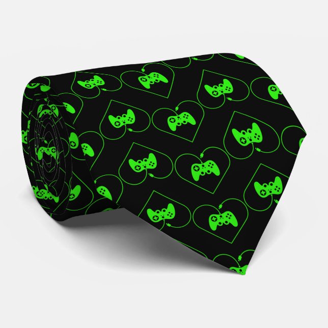 Green Video Game Controller Heart Pattern Neck Tie (Rolled)