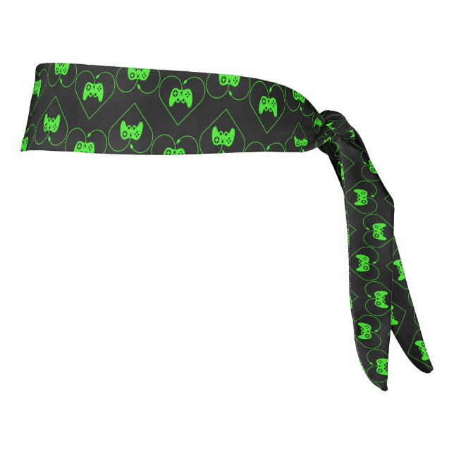 Green Video Game Controller Heart Pattern Tie Headband (Rotate 90)