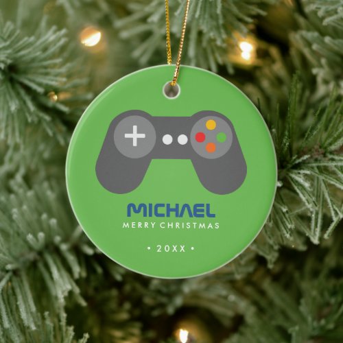 Green Video Game Controller Kids Christmas Ceramic Ornament