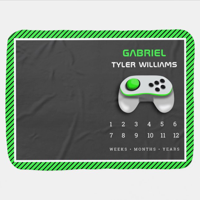 Green Video Game Controller Monthly Milestone Baby Blanket (Horizontal)
