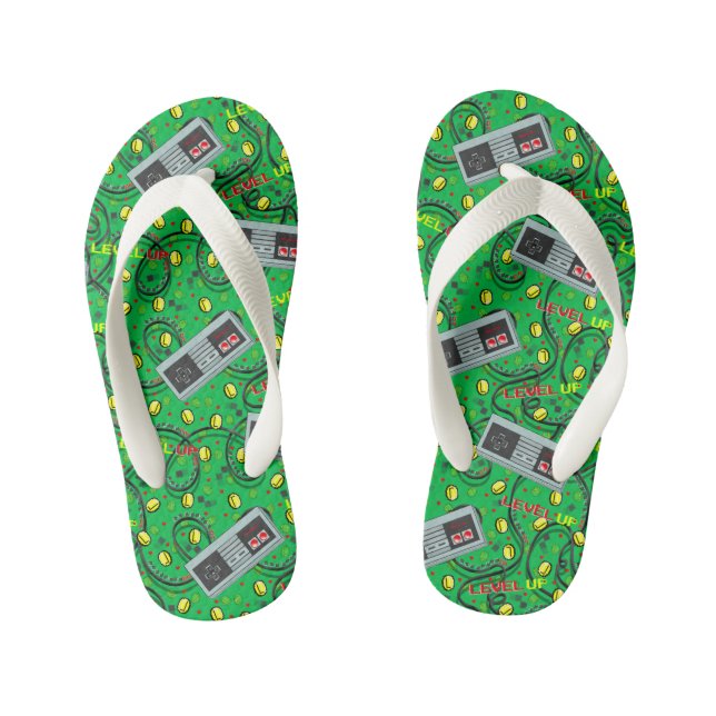 Green Video Game Nostalgia Kid's Flip Flops (Footbed)