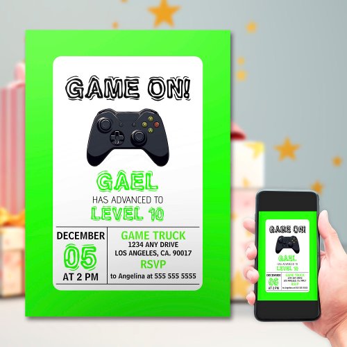 Green Video Game Truck Birthday Invitation