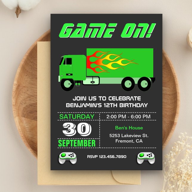 Green Video Game Truck Birthday Party Invitation (Creator Uploaded)