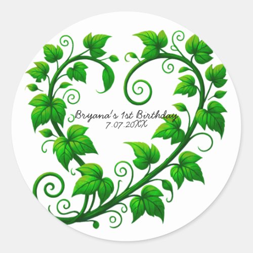 Green Vine Heart Leaves Birthday Party Classic Round Sticker