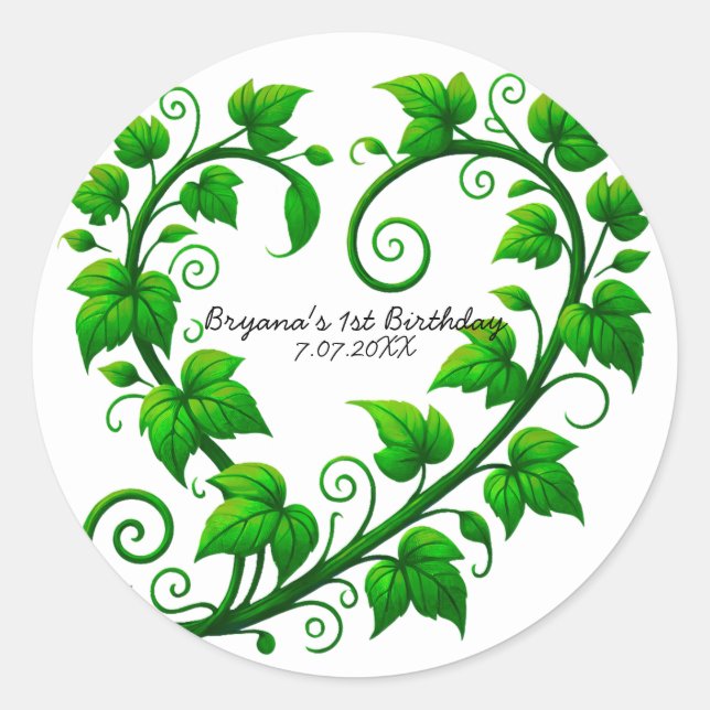 Green Vine Heart Leaves Birthday Party Classic Round Sticker (Front)