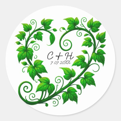 Green Vine Heart Leaves Wedding Classic Round Sticker