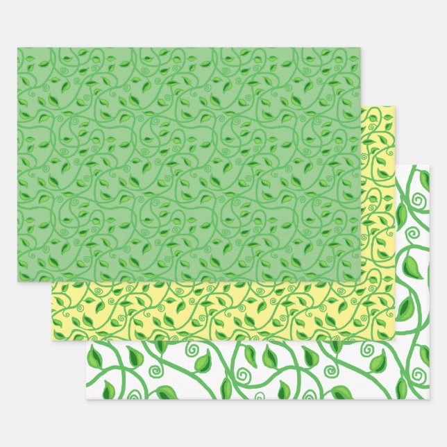 Green vine leaves tendrils wrapping paper sheets (Set)