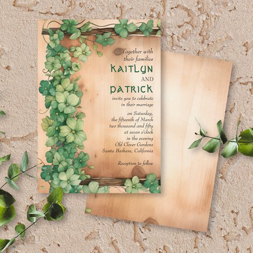 Green vine on wood St Patricks Day rustic wedding Invitation