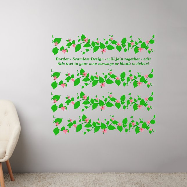 Green Vine Pink, Border Seamless, Add Text 50" Wal Wall Decal (Living Room 2)