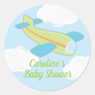 Green Vintage Airplane Baby Shower Classic Round Sticker