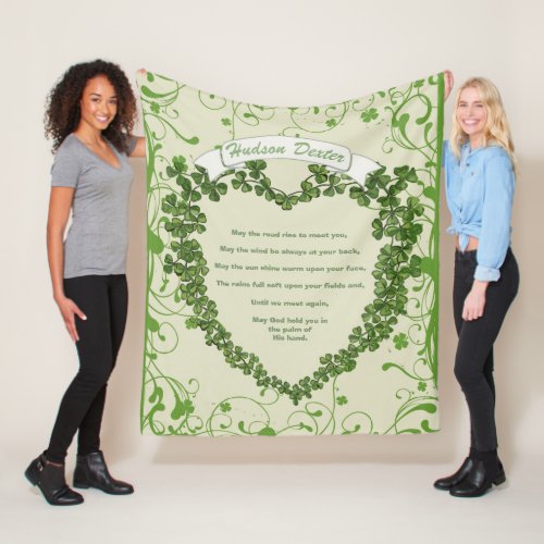 Green Vintage Banner Irish Blessing Clover Heart Fleece Blanket
