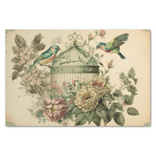 Green Vintage birds and flower birdcage decoupage Tissue Paper