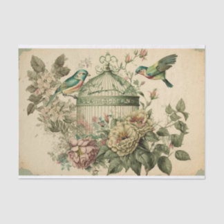 Green Vintage birds and flower birdcage decoupage Tissue Paper