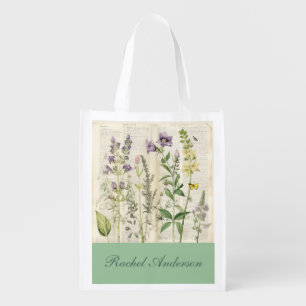 Green VIntage Botanical Flowers Grocery Bag