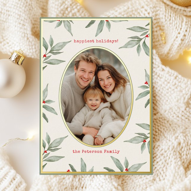 Green Vintage Botanical Photo Gold Foil Holiday Card (Creator Uploaded)