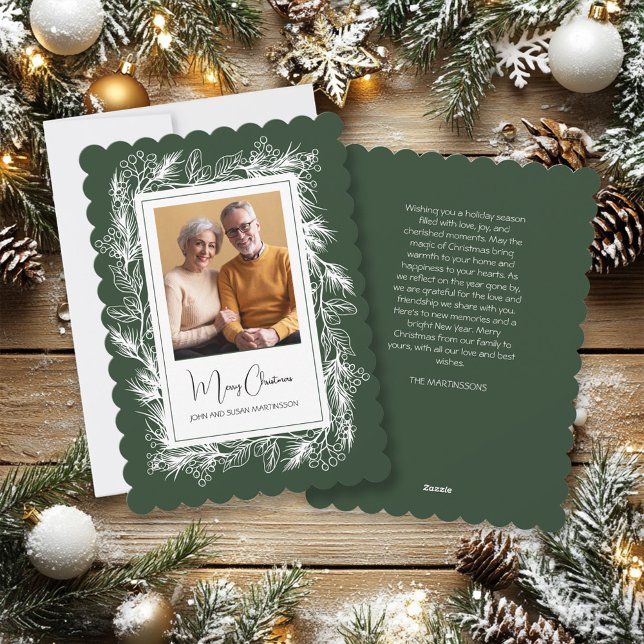 Green Vintage Botanical Photo Merry Christmas Holiday Card (Rustic and elegant green Christmas photo greeting card with a trim of white leaves and berries)