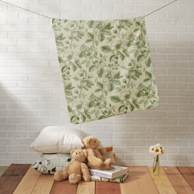 Green Vintage Botanical Toile Pattern Baby Blanket (In Situ)
