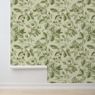 Green Vintage Botanical Toile Pattern Wallpaper