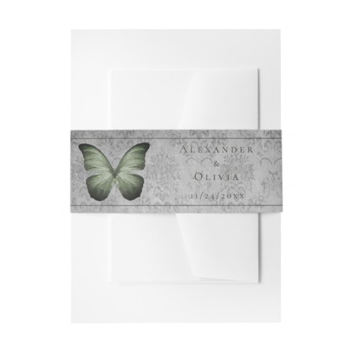 Green Vintage Butterfly Damask Invitation Belly Band