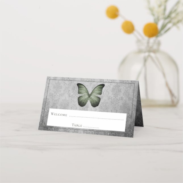 Green Vintage Butterfly Damask Reception Place Card (Front)