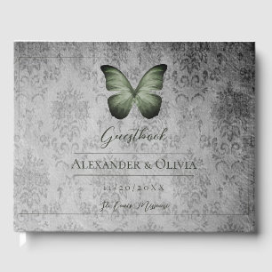 Green Vintage Butterfly Damask Wedding Guest Book