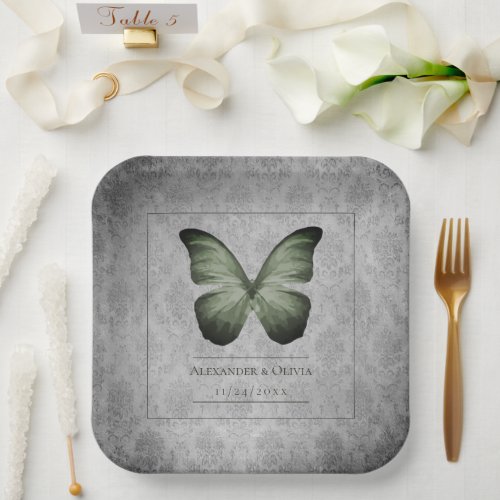 Green Vintage Butterfly Damask Wedding Paper Plates