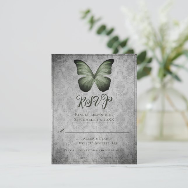 Green Vintage Butterfly Damask Wedding RSVP (Standing Front)