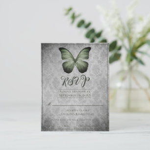 Green Vintage Butterfly Damask Wedding RSVP Card