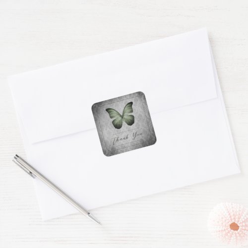 Green Vintage Butterfly Damask Wedding Thank You Square Sticker