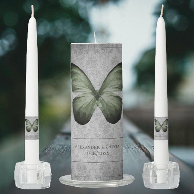 Green Vintage Butterfly Damask Wedding Unity Candle Set (Green Vintage Butterfly Damask Wedding Unity Candle Set)