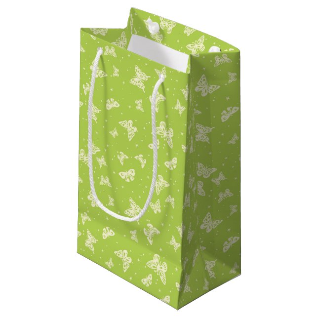Green vintage butterfly motif pattern small gift bag (Front Angled)