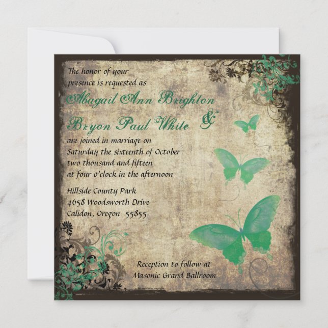 Green Vintage Butterfly Wedding Invitation (Front)