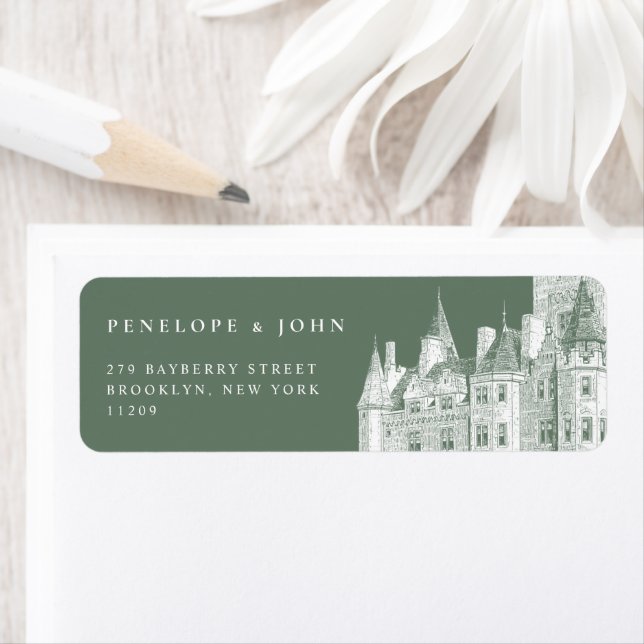 Green Vintage Castle Illustration Wedding Return Label (Insitu)