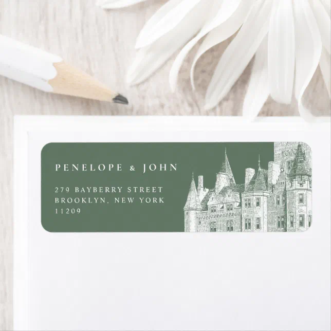 Green Vintage Castle Illustration Wedding Return Label | Zazzle