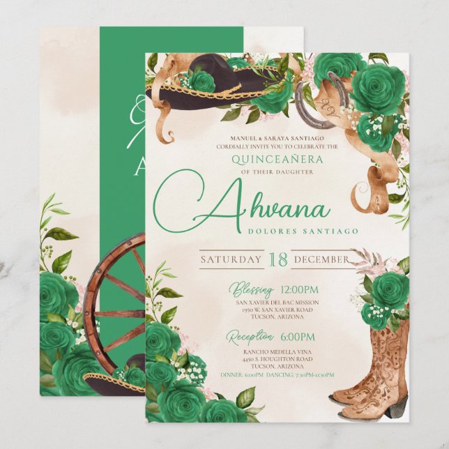 Green Vintage Charra Quinceanera Western Roses Invitation (Front/Back)