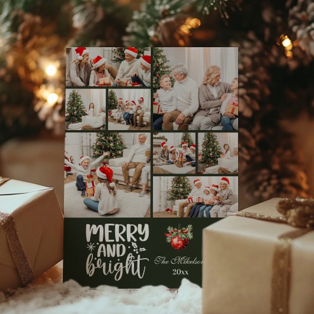 Green Vintage Christmas 8 Photo Family  Holiday Card (Creator Uploaded)