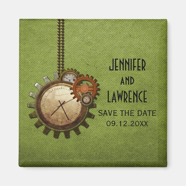 Green Vintage Clock Save the Date Magnet (Front)