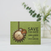 Green Vintage Clock Save the Date Postcard (Standing Front)