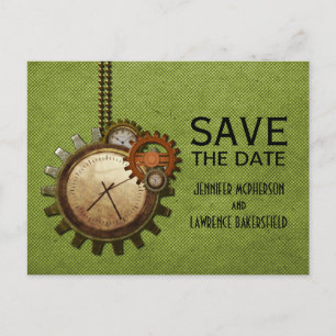 Green Vintage Clock Save the Date Postcard
